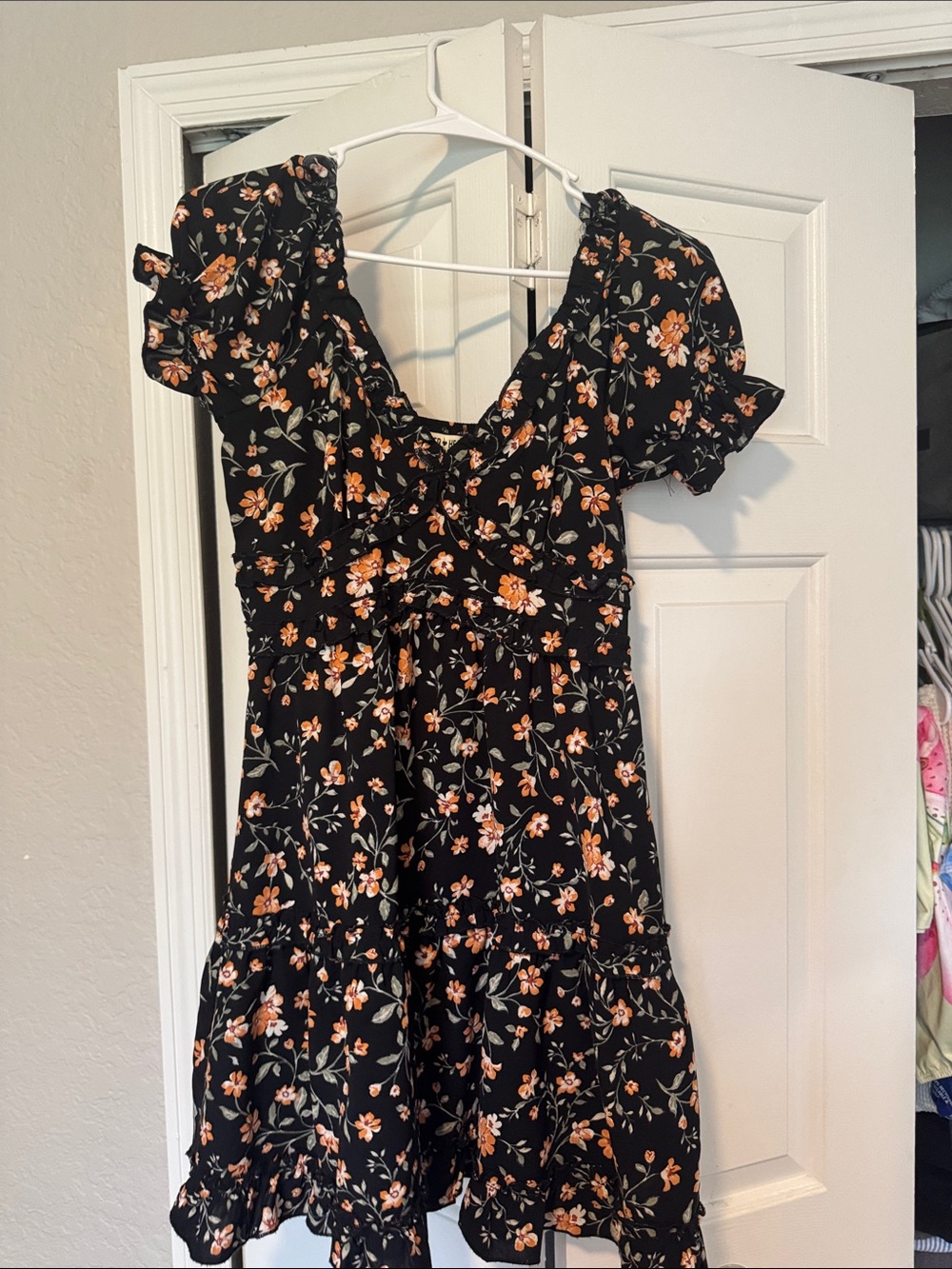 Black Floral Ruffle Mini Dress with Orange Blossoms